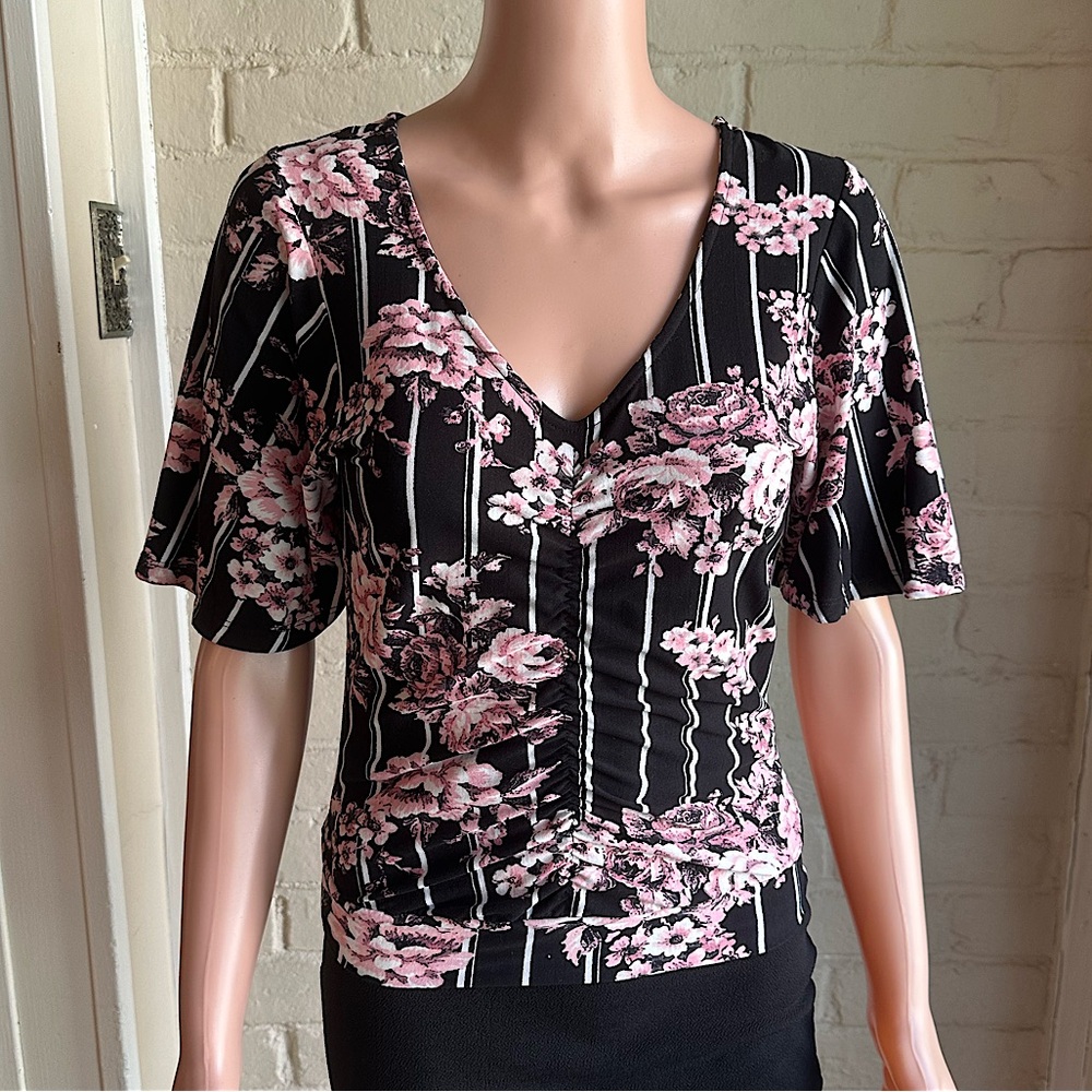 Hot Kiss size medium black and white striped bodycon top with pink flower